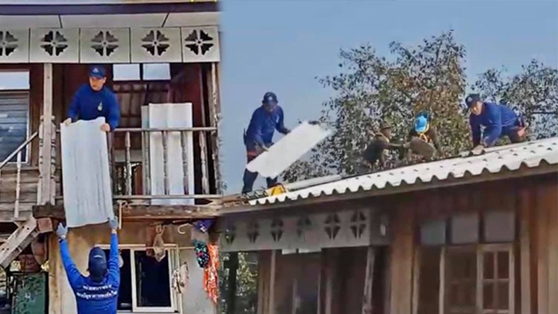 "นักรบสีน้ำเงิน" ร่วมแรงร่วมใจช่วยกันเปลี่ยนหลังคาบ้านชาวเชียงใหม่ หลังถูกพายุลูกเห็บถล่มเสียหาย