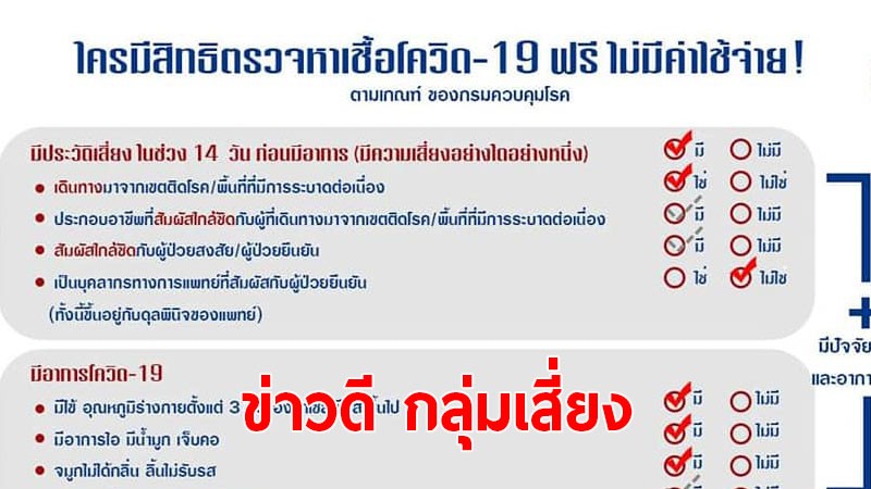 กลุ่มเสี่ยงติดโควิด-19 ตรวจคัดกรองฟรี ทั้ง รพ.รัฐ - เอกชน ตามเกณฑ์กรมควบคุมโรค