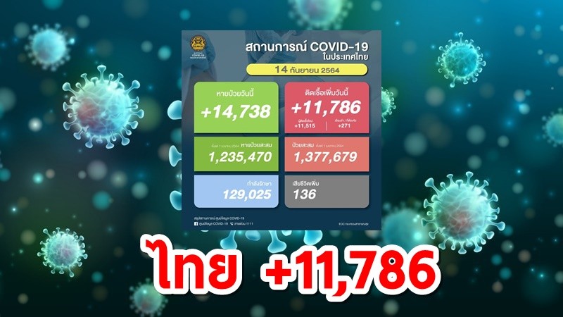 โควิดไทยวันนี้ เพิ่ม 11,786 ราย เสียชีวิต 136 ราย หายป่วยกลับบ้าน 14,738 ราย