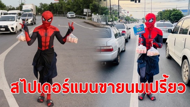 สไปเดอร์แมนโผล่ขายนมเปรี้ยวสี่แยกไฟแดงบ้านรอ เผยสร้างจุดขาย-สนุกสนานในการหากินเลี้ยงชีพ