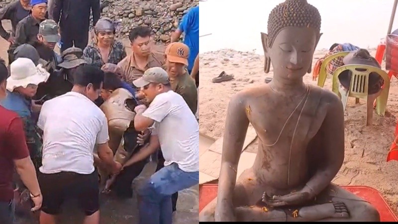 ชาวลาว-ชาวไทย ฮือฮาขุดพบพระพุทธรูปโบราณ “ สมัยนครสุวรรณโคมคำ ” ริมแม่น้ำแม่โขง อายุกว่า 400 ปี